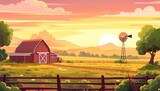 Red barn in a farm with a sunset and windmill in the background.
