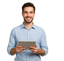 Wall Mural - Portrait of handsome smiling man using a tablet computer.