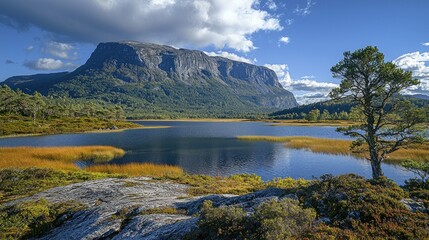 Wall Mural - Mountain, tree, and lake scenic landscape.