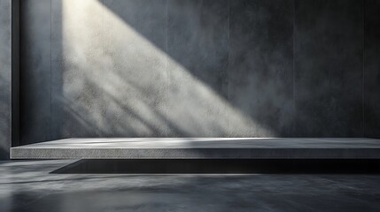 A smooth concrete backdrop with faint horizontal striations, paired with a glossy floor, softly illuminated by even lighting to create a refined and professional setting for product presentation,