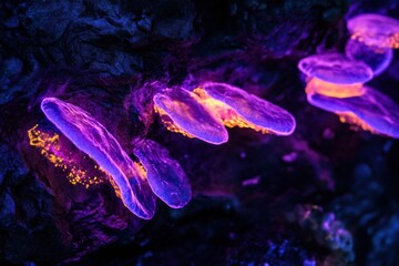 Aufkleber - Glowing bacteria thriving on rocks illuminated by ultraviolet light in a dark environment at night. Generative AI