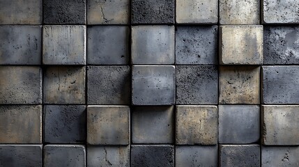 A symmetrical grid of concrete blocks with faint imperfections and natural wear, paired with neutral studio lighting to create a simple yet elegant product display backdrop, hd quality,