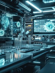 Fototapete - Modern laboratory setup featuring glowing monitors and test tubes in research facility focused on virus studies. Generative AI