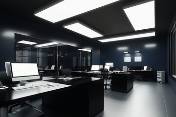 Wall Mural - Modern office, black and white theme, rectangular lights.