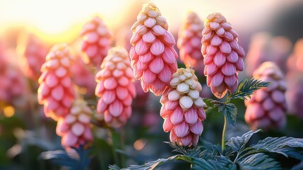 Wall Mural - pink flower buds glow during a bright sunset.
