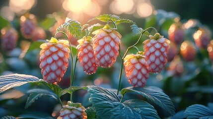 Wall Mural - pink hop plant clusters, illuminated by sunset.