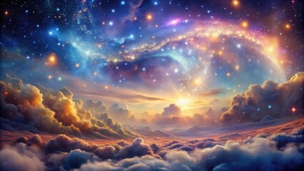 Wall Mural - a celestial tapestry of swirling nebulae and vibrant stars, a golden sunrise emerging from a vast se