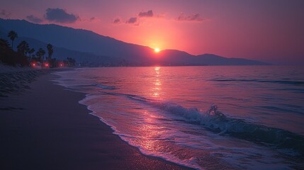 Wall Mural - Pink sunrise over ocean, coastal beach, mountain background.