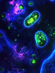 Aufkleber - Glowing bacteria illuminated by ultraviolet light in an abstract scientific setting. Generative AI