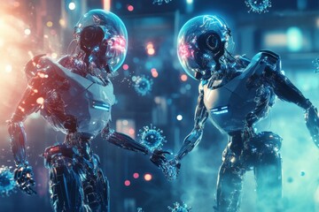 Fototapete - Robots working together to neutralize viruses in a futuristic urban environment during nighttime. Generative AI