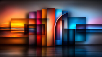 Wall Mural - a colorful abstract painting of a beach scene with a sunset in the background