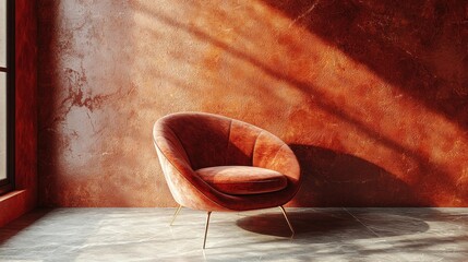 Wall Mural - Red chair, sunlit wall, grey tile floor.