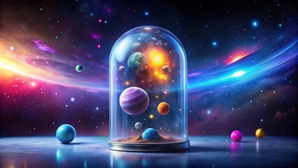 Wall Mural - cosmic containment a miniature universe captured within a glass dome, adorned with stars, planets, a