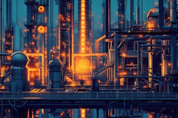 Poster - Geometric industrial pattern showcasing oil tanks, pipes, and rigs in a dynamic urban environment at twilight. Generative AI