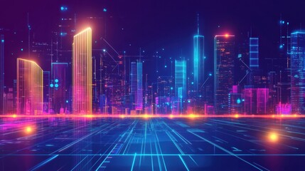 Leinwandbilder - Glowing cityscape with neon skyscrapers illuminated at night showcasing futuristic urban architecture. Generative AI