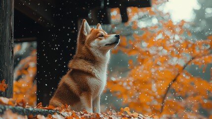 Sticker - Shiba Inu looks up near blurred autumn leaves.