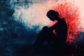 Aufkleber - Shadowed figure reflects inner conflict amidst abstract chaos of colors. Generative AI