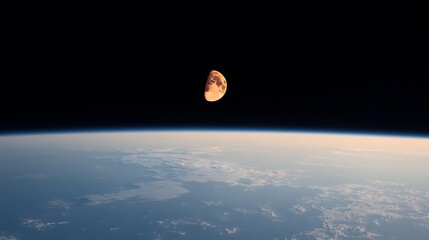 Wall Mural - Half Moon over Earth's horizon in space, a captivating celestial view from above