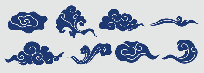 Wall Mural - Set of blue cloud illustrations with swirling patterns. Decorative cloud designs, perfect for Asian-themed art. Blue clouds with intricate swirls. Chinese weather elements, vector set.