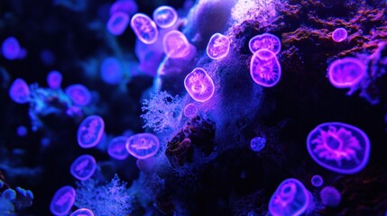 Aufkleber - Glowing bacteria thrive under ultraviolet light in a marine environment during nighttime observation. Generative AI
