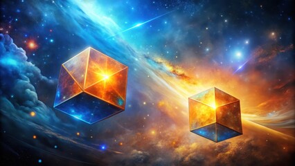 Wall Mural - cosmic geometry two luminescent cubes, adrift in a sea of celestial dust and starlight, illuminate t