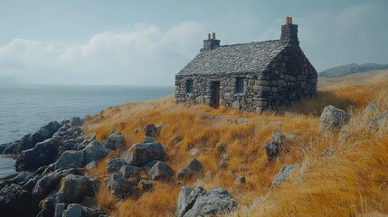 Wall Mural - Stone cottage on grassy cliff by sea on a bright, clear day.