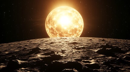 Wall Mural - A luminous star looms over the horizon of a desolate planet in a dark universe