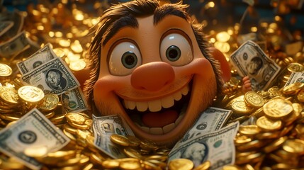 Joyful cartoon character submerged in gold coins and dollar bills.