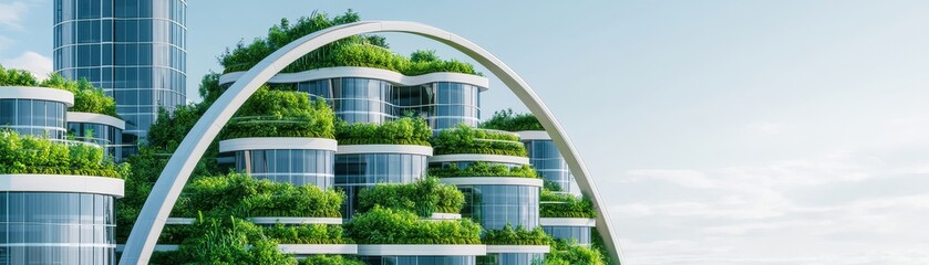 Wall Mural - A futuristic green building design featuring lush vegetation integrated into modern architecture under a clear sky.