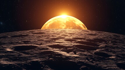 Wall Mural - Lunar landscape with a large celestial body rising above the horizon in a starry space