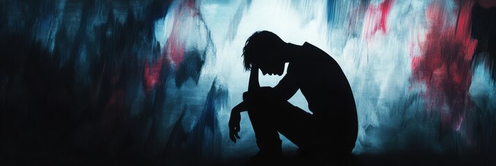 Aufkleber - Person seated in shadow surrounded by abstract representations of mental turmoil. Generative AI