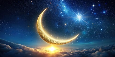Wall Mural - a celestial crescent moon shines brightly amidst a star-filled sky, with a distant sun illuminating 