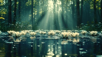 Canvas Print - Sun rays through forest above water lilies.