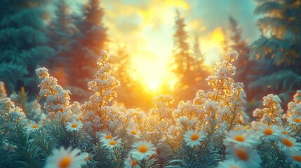 Wall Mural - Sun sets through a field of wildflowers in a forest.