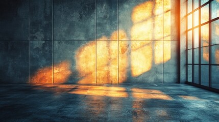 Wall Mural - Sunbeam illuminates dark concrete room through window.