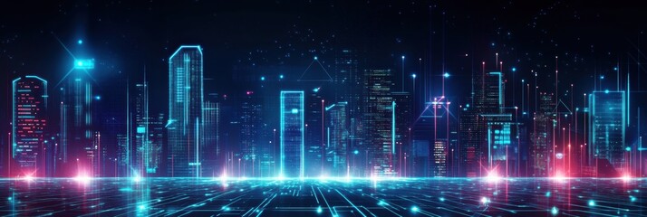 Poster - Glowing skyscrapers illuminate a vibrant cityscape with neon lights at night. Generative AI