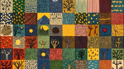abstract patchwork design featuring nature motifs trees, sun, and diverse textures. vibrant colors a