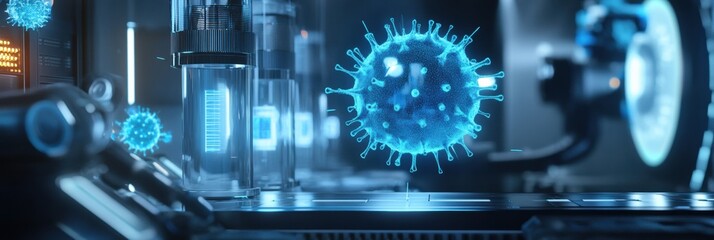 Fototapete - Advanced robots neutralize viruses in a high tech laboratory environment for health and safety. Generative AI