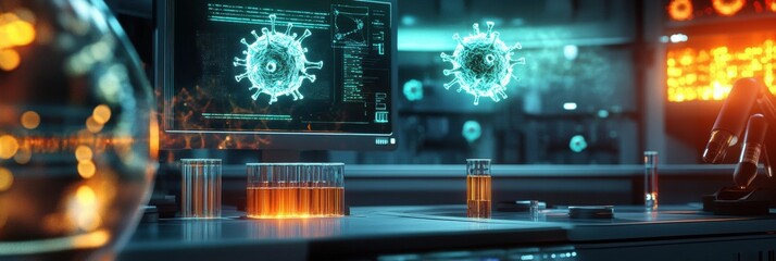 Fototapete - Modern research lab showcasing test tubes and digital monitors displaying virus imagery in a scientific setting. Generative AI