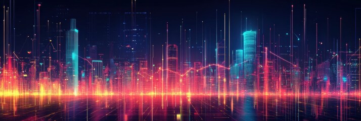 Leinwandbilder - Cityscape illuminated by glowing skyscrapers with vibrant neon lights at night, showcasing modern urban beauty and energy. Generative AI