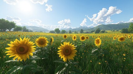 Wall Mural - Sunny field with sunflowers, trees, and distant mountains.