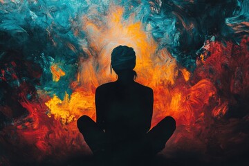 Aufkleber - Exploring the depths of mental turmoil through abstract shadows and vibrant colors. Generative AI