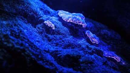 Aufkleber - Glowing bacteria illuminate underwater rock in vibrant blue light during nighttime exploration. Generative AI