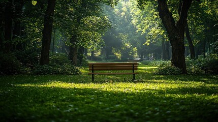 Wall Mural - Sunny park bench surrounded by trees.