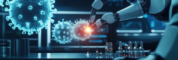 Fototapete - Robots neutralizing viruses in a high tech laboratory environment during a scientific research experiment. Generative AI