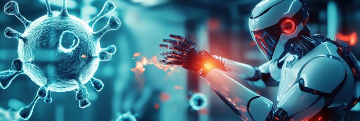 Fototapete - Robots actively neutralizing viruses in a futuristic laboratory environment using advanced technology and precision tools. Generative AI