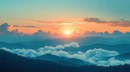 Wall Mural - Sunset over layered mountains with clouds.