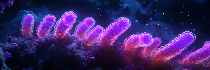 Aufkleber - Glowing bacteria illuminate underwater landscape in vibrant hues during nighttime exploration. Generative AI