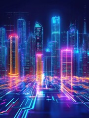 Poster - Glowing cityscape with neon skyscrapers illuminating the urban night. Generative AI