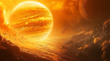 Wall Mural - A captivating view of a giant orange planet with swirling clouds and mountainous terrain in space